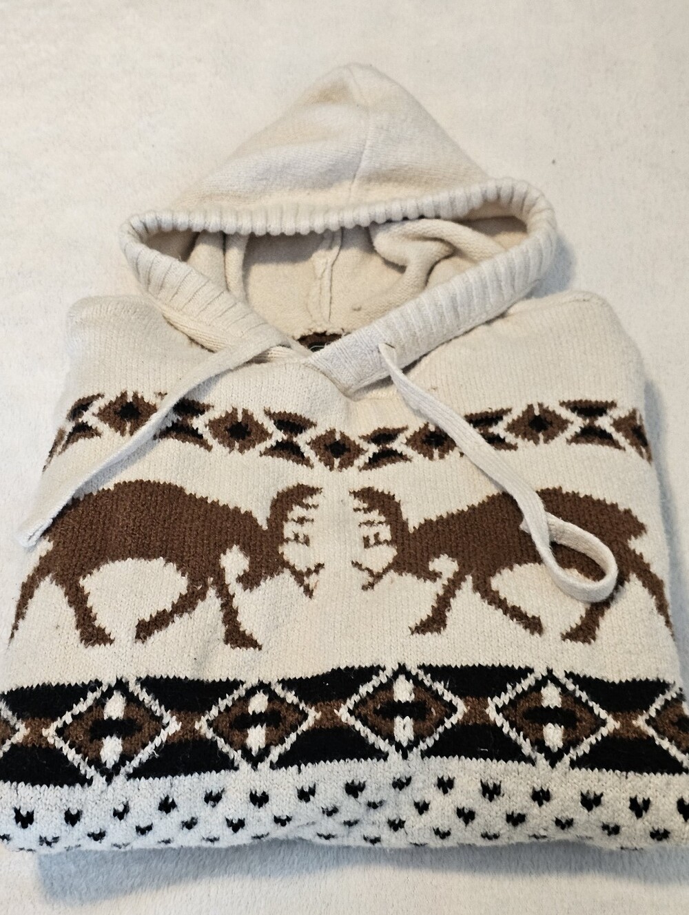 American Eagle Men's Large Moose Fair Isle Knit Hooded Sweater Cream Brown